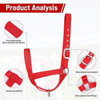 XUANNIAO Easily Adjustable Figure 8 Cow Halter, Double-Ply Premium Livestock Cattle Halters, Colorful Cow Utility Calf Halter with Leading Rope for Miniature Horse Donkey Goat Foal (Medium, Red)