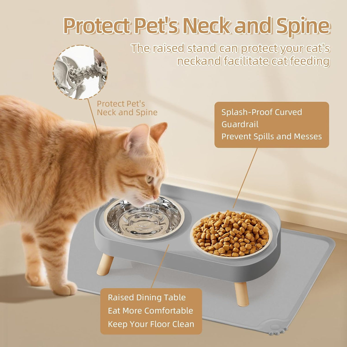 Elevated Cat Bowl, Raised Cat Food and Water Bowl Set for Indoor Cats, Splash Proof with 2 - Cat Bowls with mat - grey - image 3