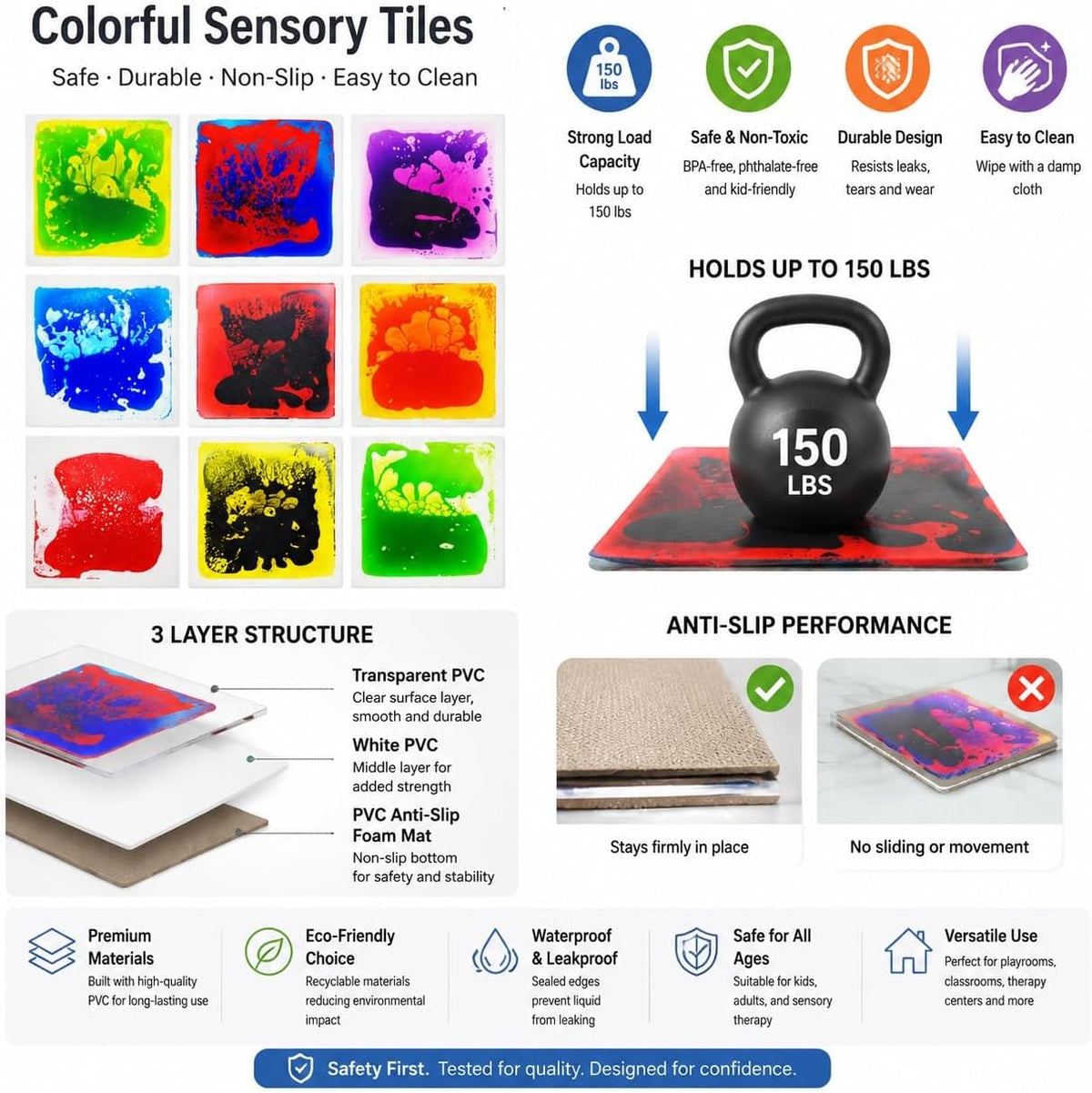 edusense 4 pack of 11.8 inch liquid sensory floor tiles with moving multicolor gel and non-slip base - view 8