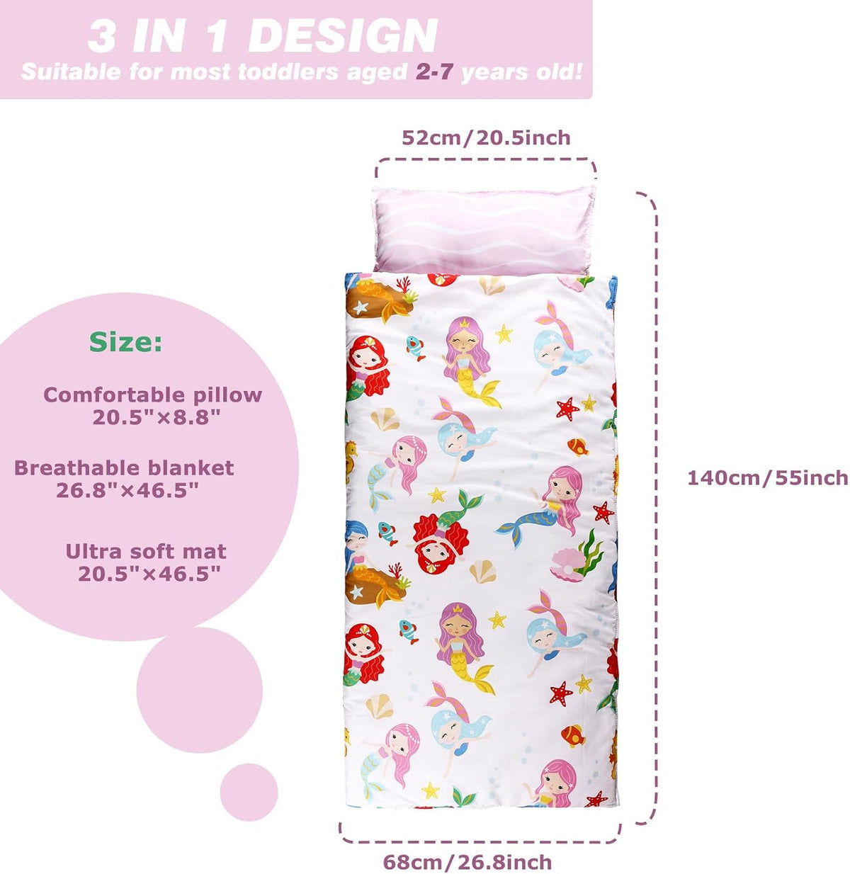 Toddler Nap Mat with Removable Pillow & Soft Blanket - Mermaids - image 2