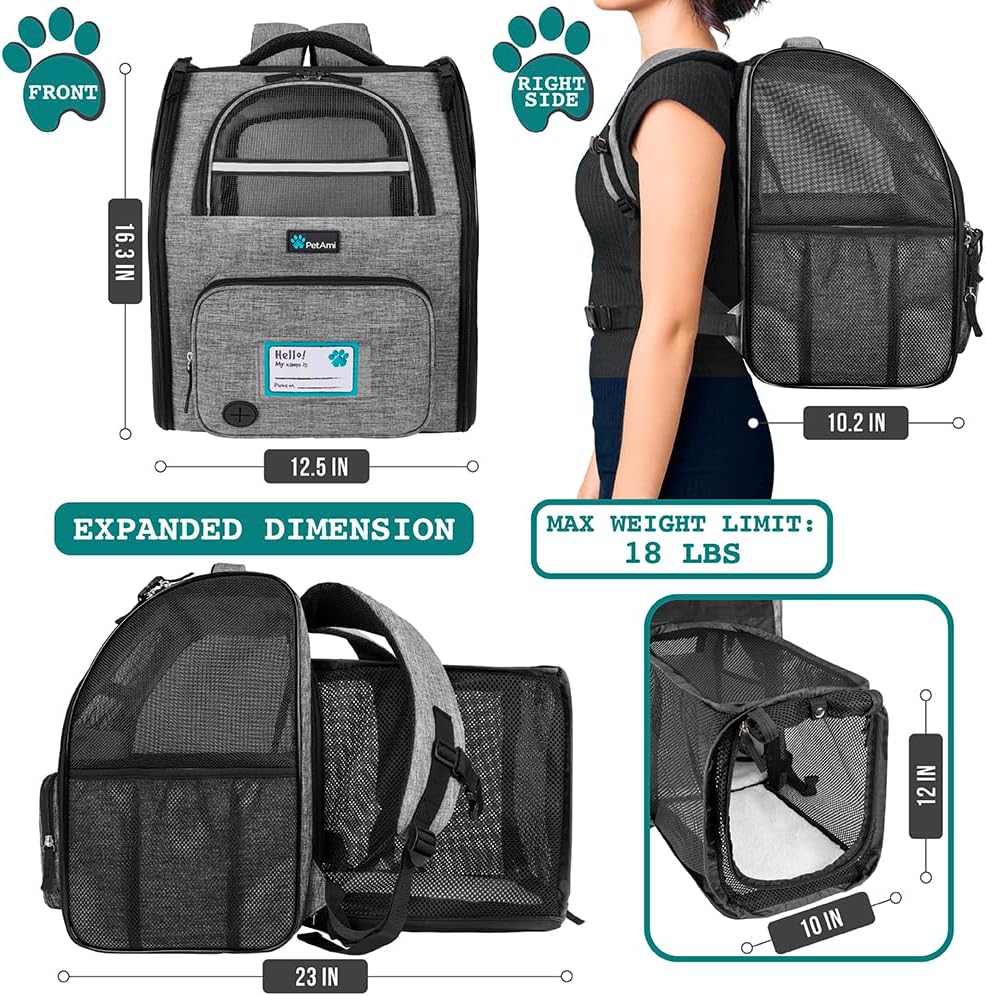 PetAmi Expandable Dog Cat Backpack Carrier, Airline Approved - 12.5"L x 10.2"W x 16.3"H / Gray - image 2