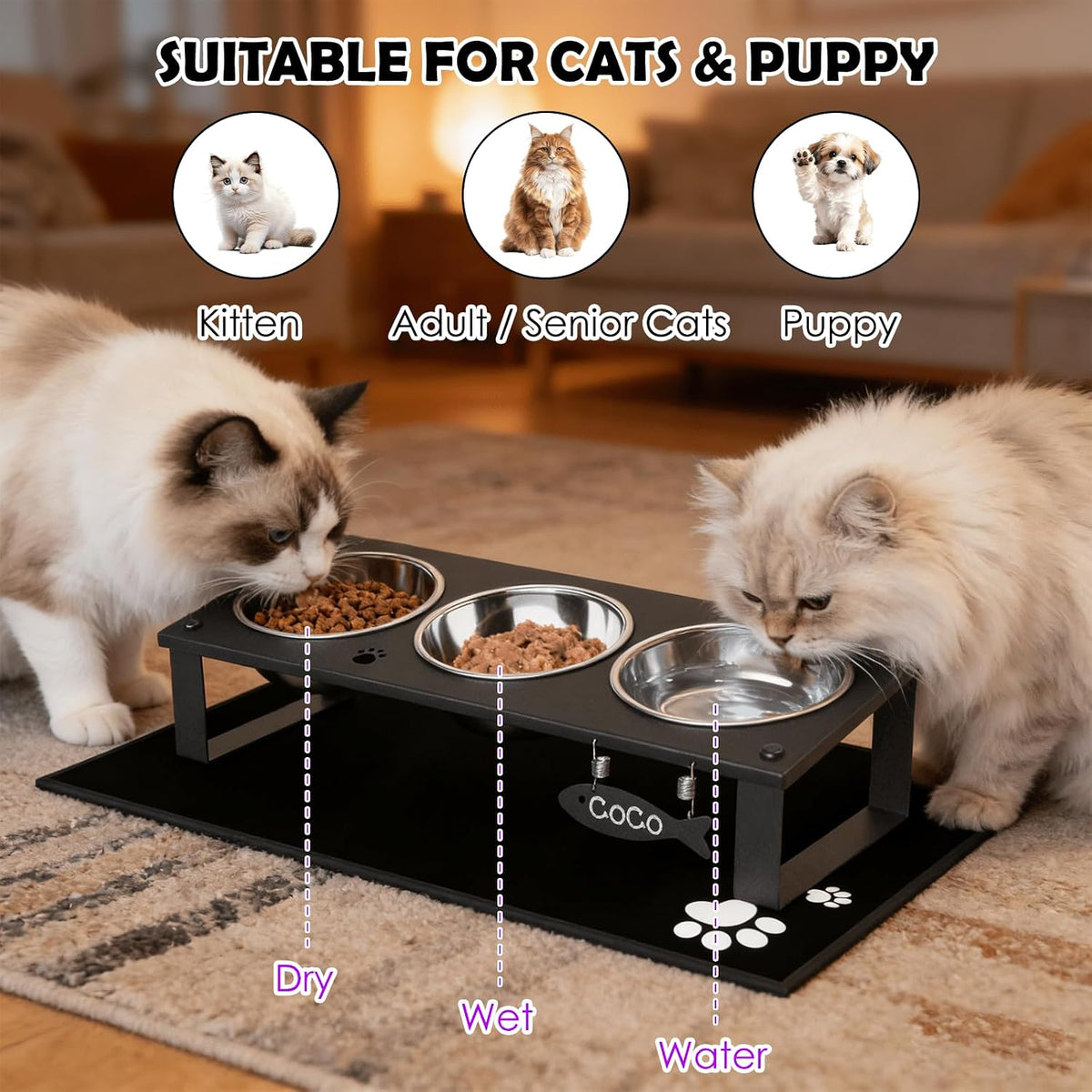Elevated Cat Bowls with Splash Proof Mat for Kitten Puppy - Silver / 3bowls - image 3
