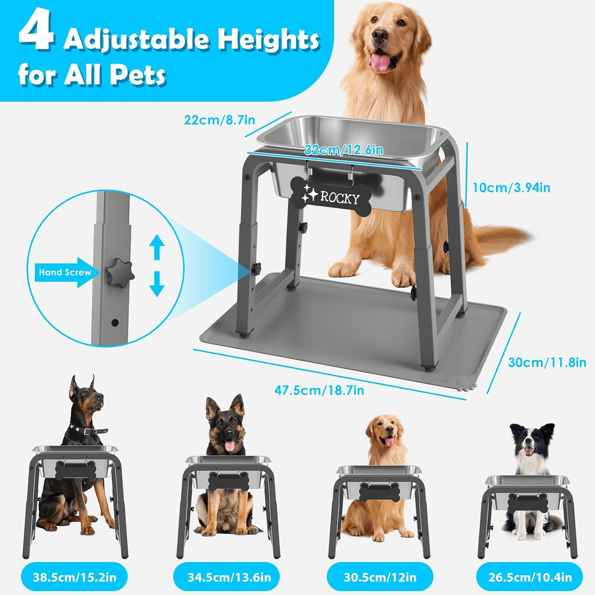1.2 Gallon Elevated Large Dog Water Bowl with Mat - Grey-1.2 gal & mat / Height: 11.4-16.7" - image 3