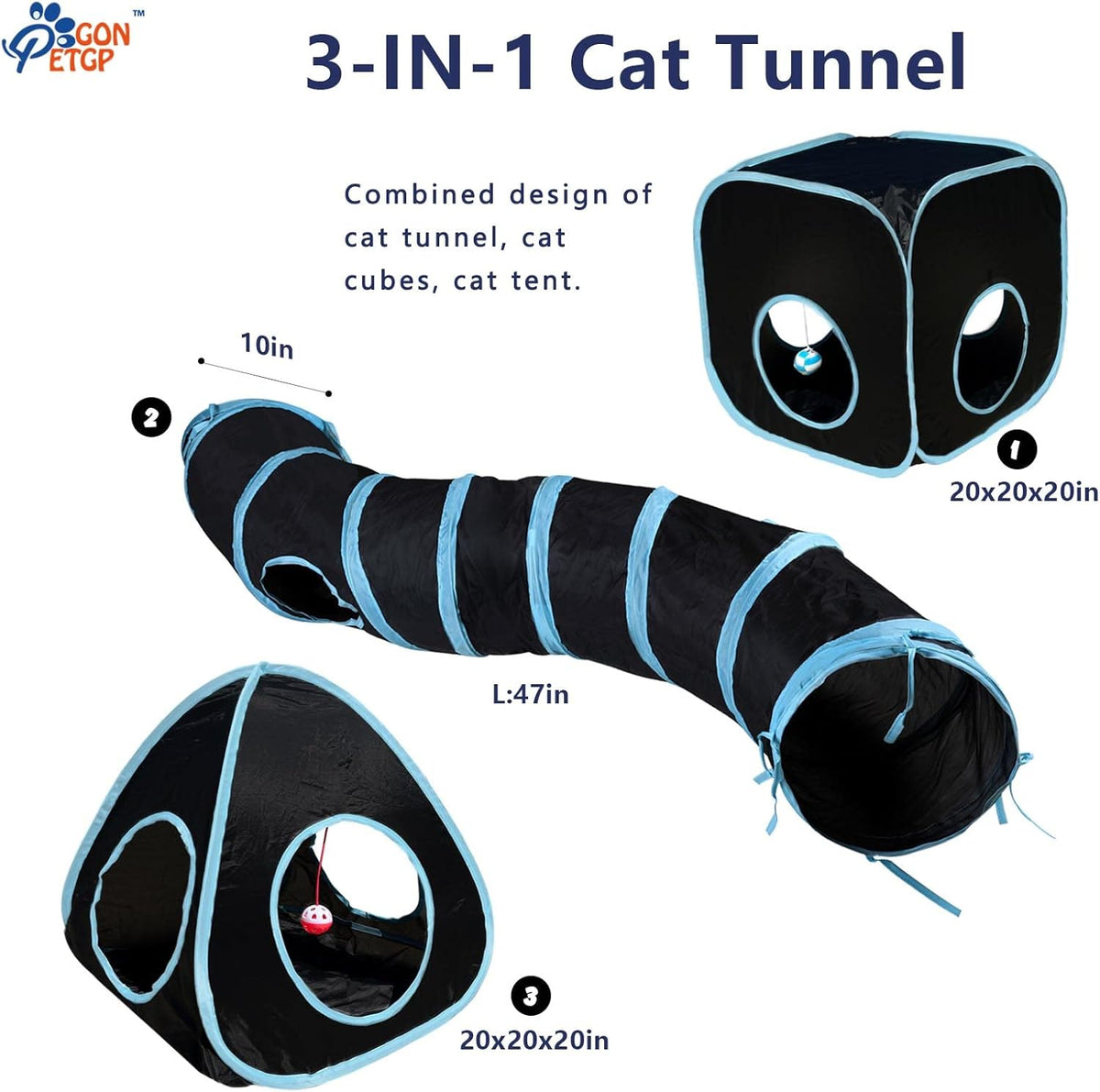 GONPETGP Cat Tunnels for Indoor Cats with Cube Tent Toys Combo - A-Black - image 2