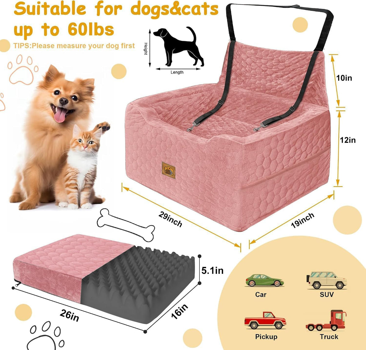 Dog Car Seat for Small/Medium Dogs, Memory Foam Dog Booster Seat - Pink / Large - image 2