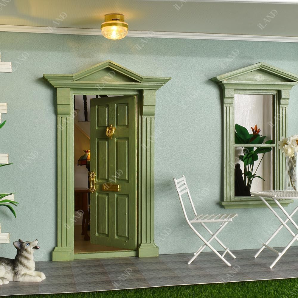 iLAND 1:12 scale unfinished wooden dollhouse door with 3D acrylic windowpane and gold handle - view 11