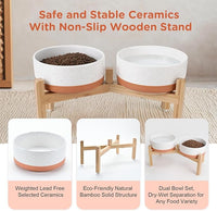 SPUNKYJUNKY Elevated Dog Bowls Ceramic, 7.3'' Dogs Food Water Bowls Raised with Non-Slip Bamboo Stand for Medium to Large Sized Breed Microwave Dishwasher Safe - 42 OZ,Pattern White