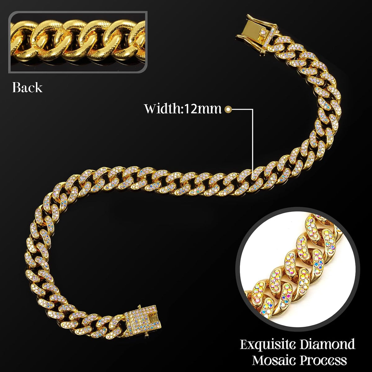 LEIFIDE Cuban Link Dog Collar Chain 12mm, Rose Gold, Pink - 12 Inches / Gold, AB Color - image 2