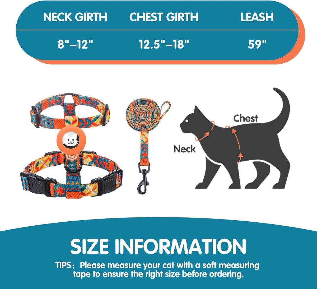 BINGPET Cat Harness with Airtag Holder - Orange Print (Both Buckles on Chest) - image 4