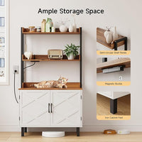 55 Inches Cat Litter Box Enclosure, Hidden Litter Box Furniture with 2 Storage Shelves and Charging Sockets, Wooden Cat House, Large Indoor Cabinet for Living Room & Entryway, White