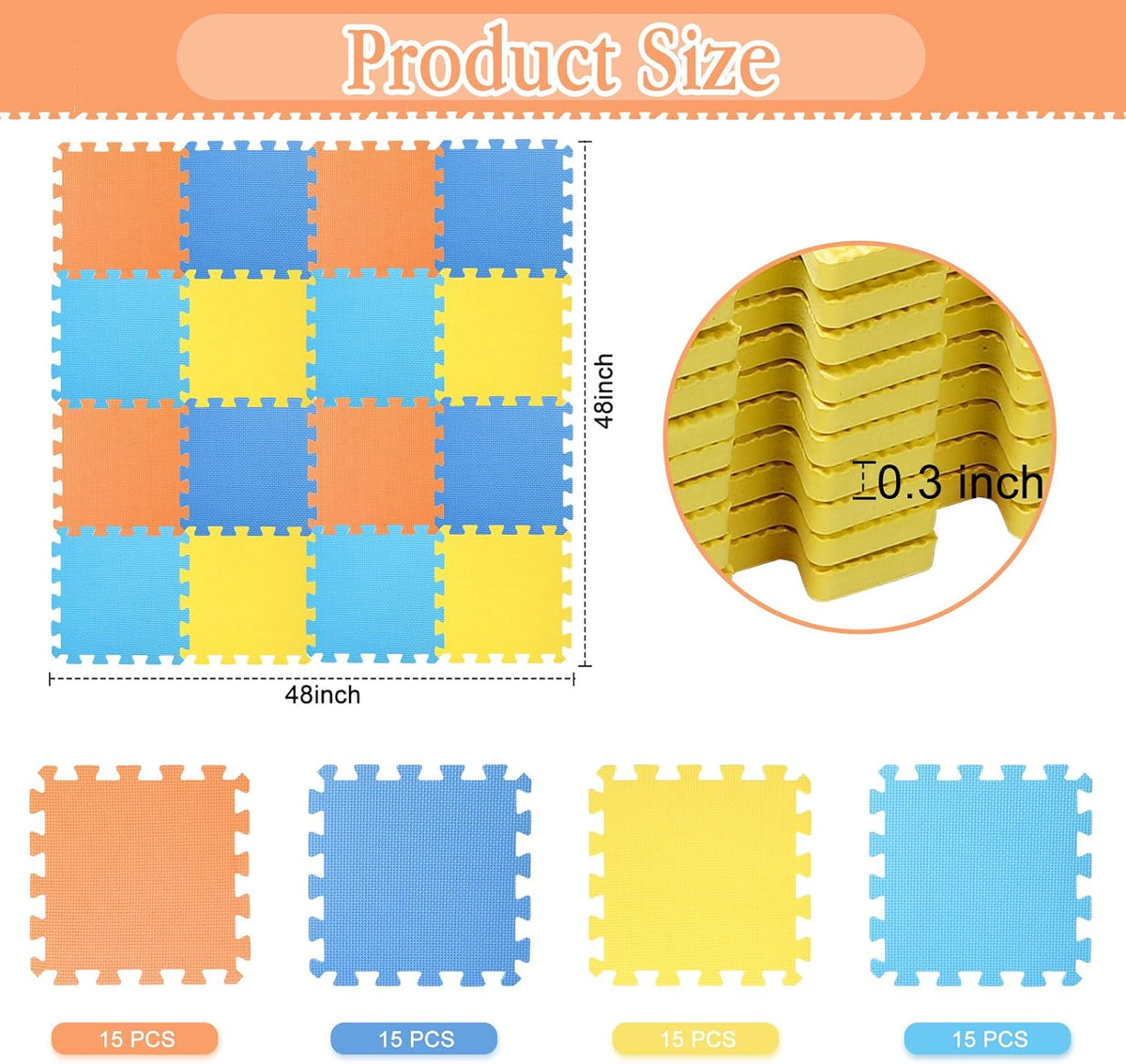 Nuanchu 60 PCS Kids Foam Puzzle Mat, Cream - Dark Blue, Light Blue, Orange, Yellow - image 2