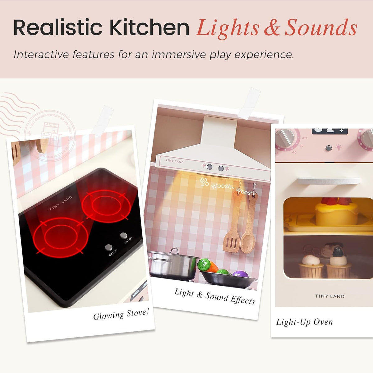 Tiny Land Play Kitchen for Kids, Real Lights - Pink - image 3
