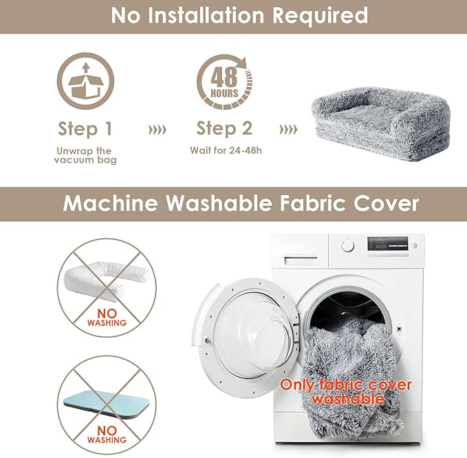 EHEYCIGA Foldable XL Dog Bed, Faux Fur Fluffy Pet Couch Bed for Large Dogs, Orthopedic Calming Memory Foam Big Pet Bed, Washable Soft Pet Sofa Bed with Non-Slip Bottom, Grey, 46"x34"x6.5"