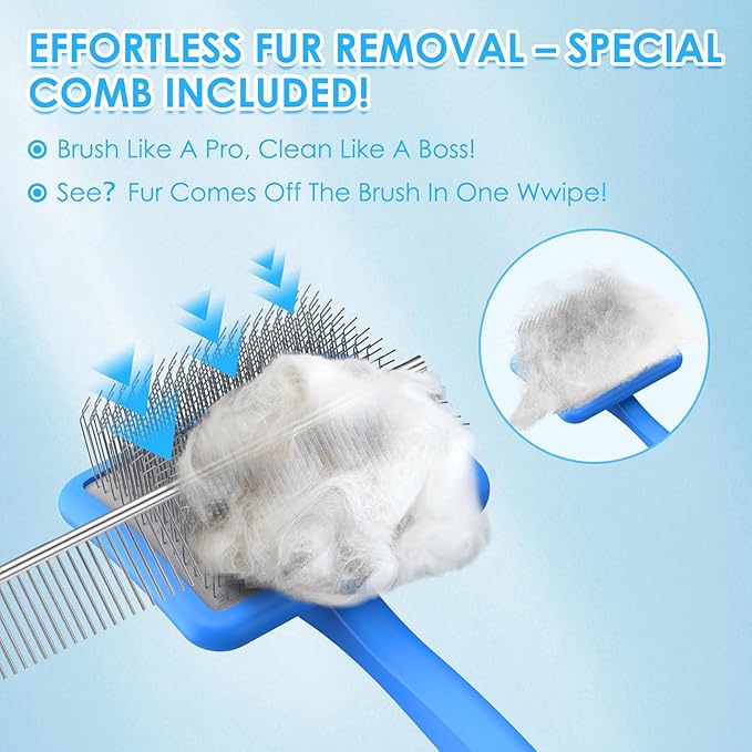 Large Slicker Brush for Dogs - 3PC Pet Grooming Kit - Undercoat Rake & Stainless Comb | Long Pins Remove Mats on Poodles, Golden, Labradoodles | Thick Coat Deshedder for Dogs, Cats, Blue