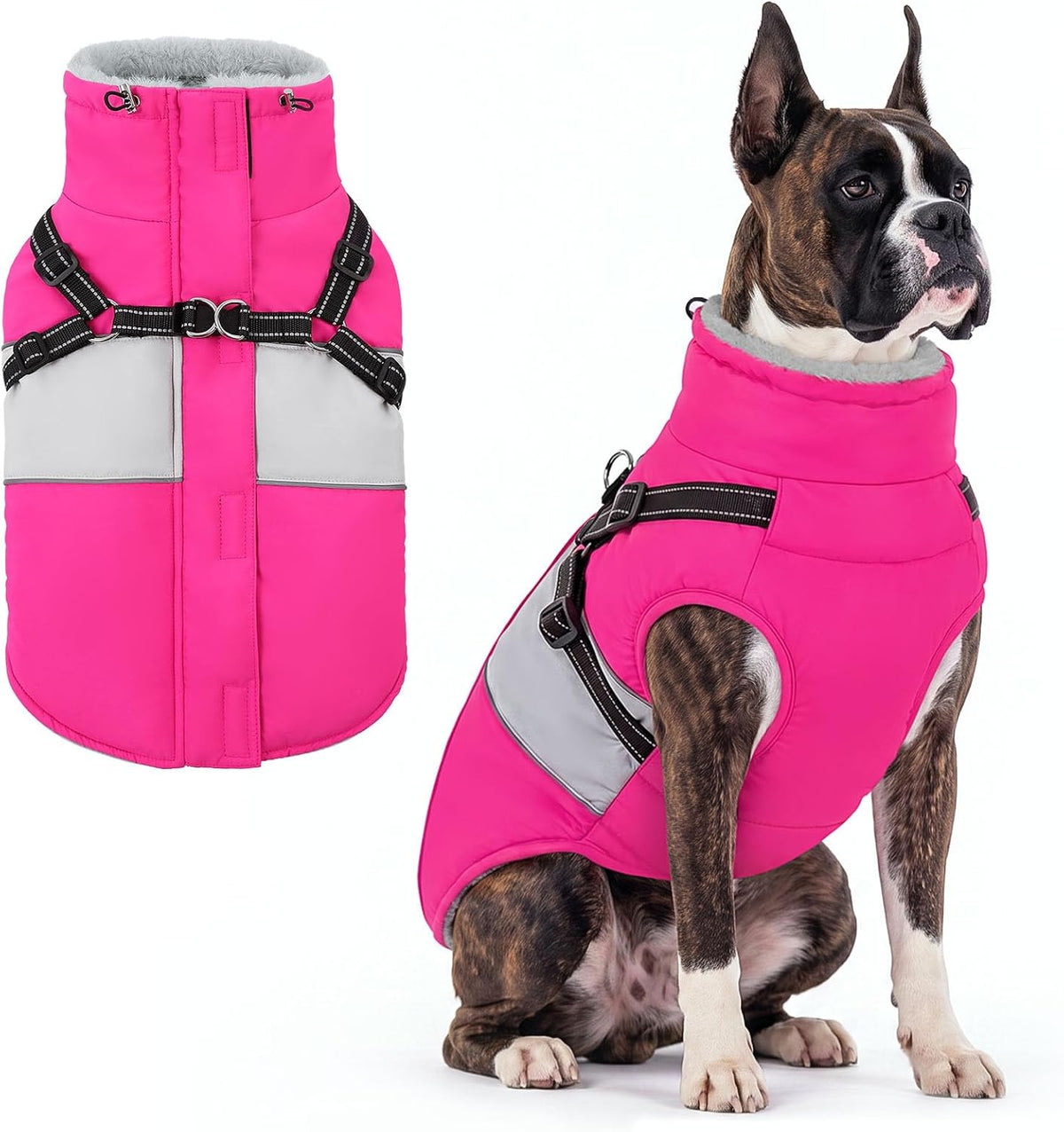 Dog Coat with Harness Waterproof Dog Winter Jacket for Medium Dogs – Essentials for Dogs - Rose Red / Medium