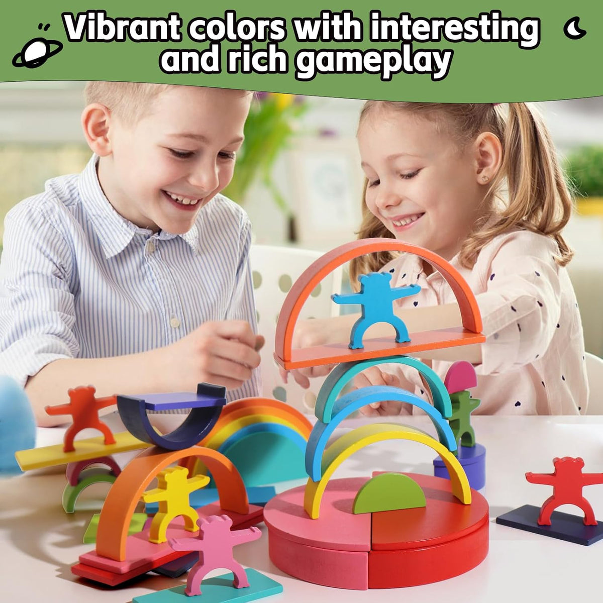 Dinhon wooden rainbow stacking toy with rainbow arches, semi-circle and rectangle blocks and six woo - view 3