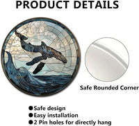 Lygond Metal Sign Tin Sign Circular Stained Glass Whale Bar Sign for Garage 8×8 Inches