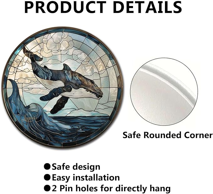 Lygond Metal Sign Tin Sign Circular Stained Glass Whale Sign for Garden for Restaurant 12×12 Inches