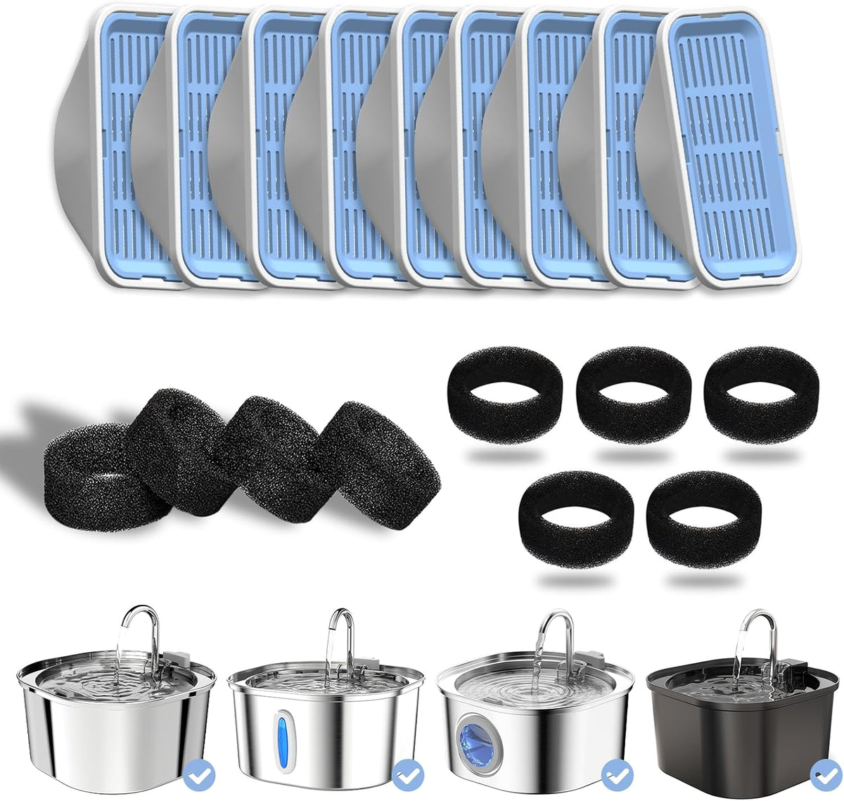 PEKTACO Cat Water Fountain Replacement Filters for 3.2L/108oz - 9 Filters+9 Sponges