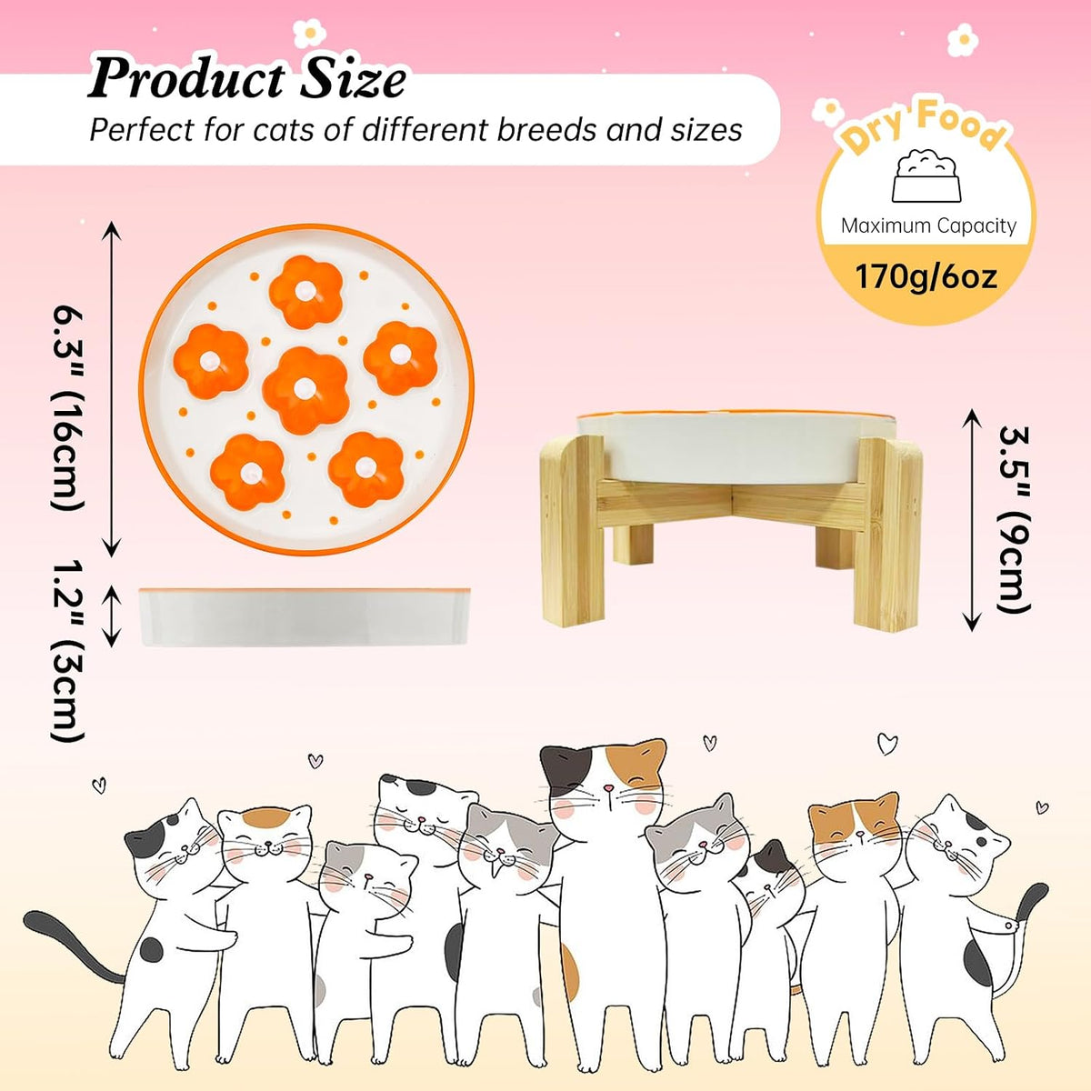 Ceramic Slow Feeder Cat Bowl, 6.3" Whisker Friendly Anti-Vomit - Orange + Stand - image 2