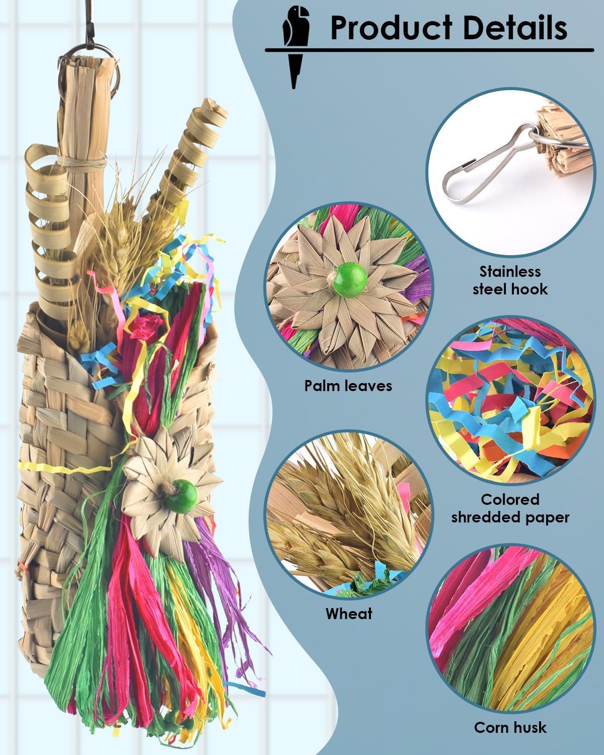 Bissap Bird Chew Toys, Parrot Foraging Shredder Natural Palm Frond Hanging Cage Toy for Conure - Bag - image 3