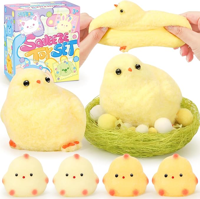 Squishy Fidget Toys, 6Pcs Squeeze Soft Cute Stuff Chicken Sensory Toys for Kids Stress Relief Gifts, Birthday Party Favors Desk Classroom Decor Goodie Bags Stocking Stuffers