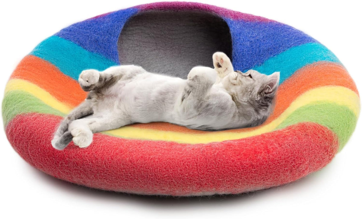Woolygon Felt Cat Cave Bed, Merino Wool, Handcrafted – Essentials for Cats - Rainbow Twist - image 3