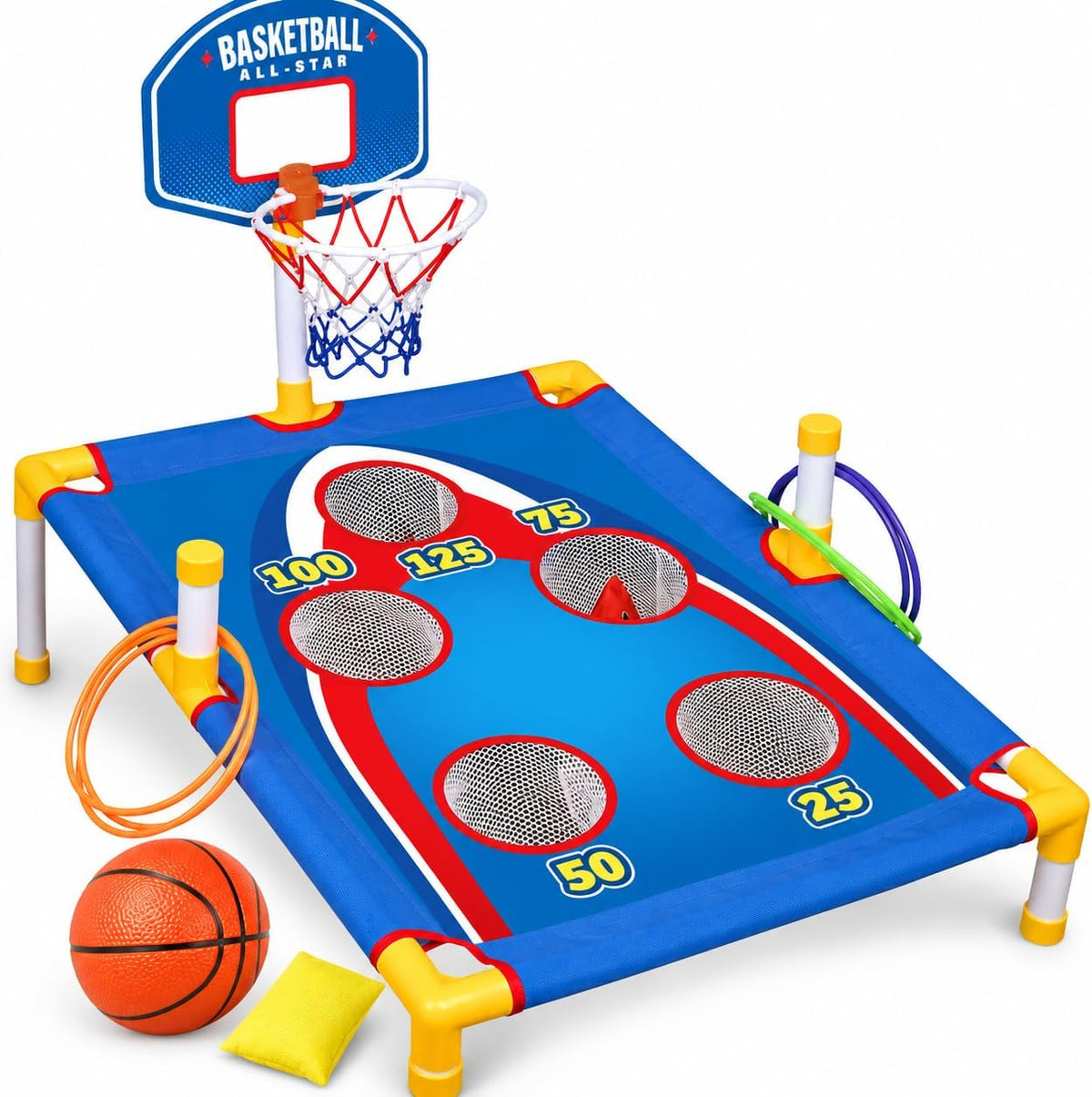 TOY Life Bean Bags Toss Carnival Games, Cornhole - 3-in-1 Game with Basketball Hoop and Ring Toss