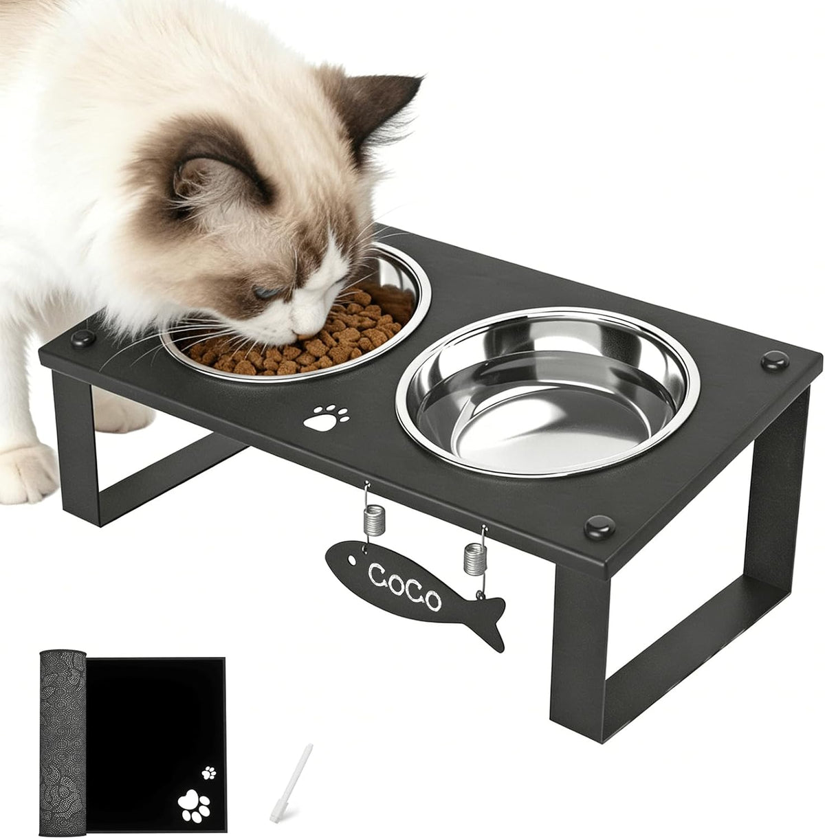 Elevated Cat Bowls with Splash Proof Mat for Kitten Puppy - Silver / 2bowls