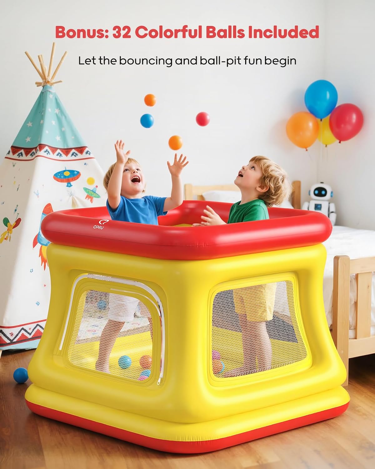 QPAU 3-in-1 Inflatable Bounce House with Pump for Toddlers 1-3 – Fun for Kids & Family - Red & Yellow - image 3