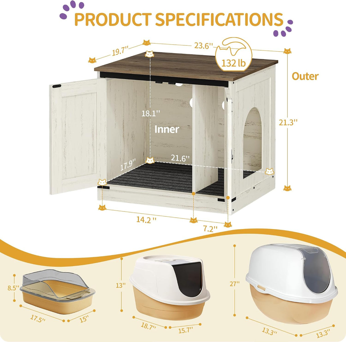 Hzuaneri Cat Litter Box Enclosure - Rustic White and Brown / 23.6"L x 19.7"W x 21.3"H - image 2