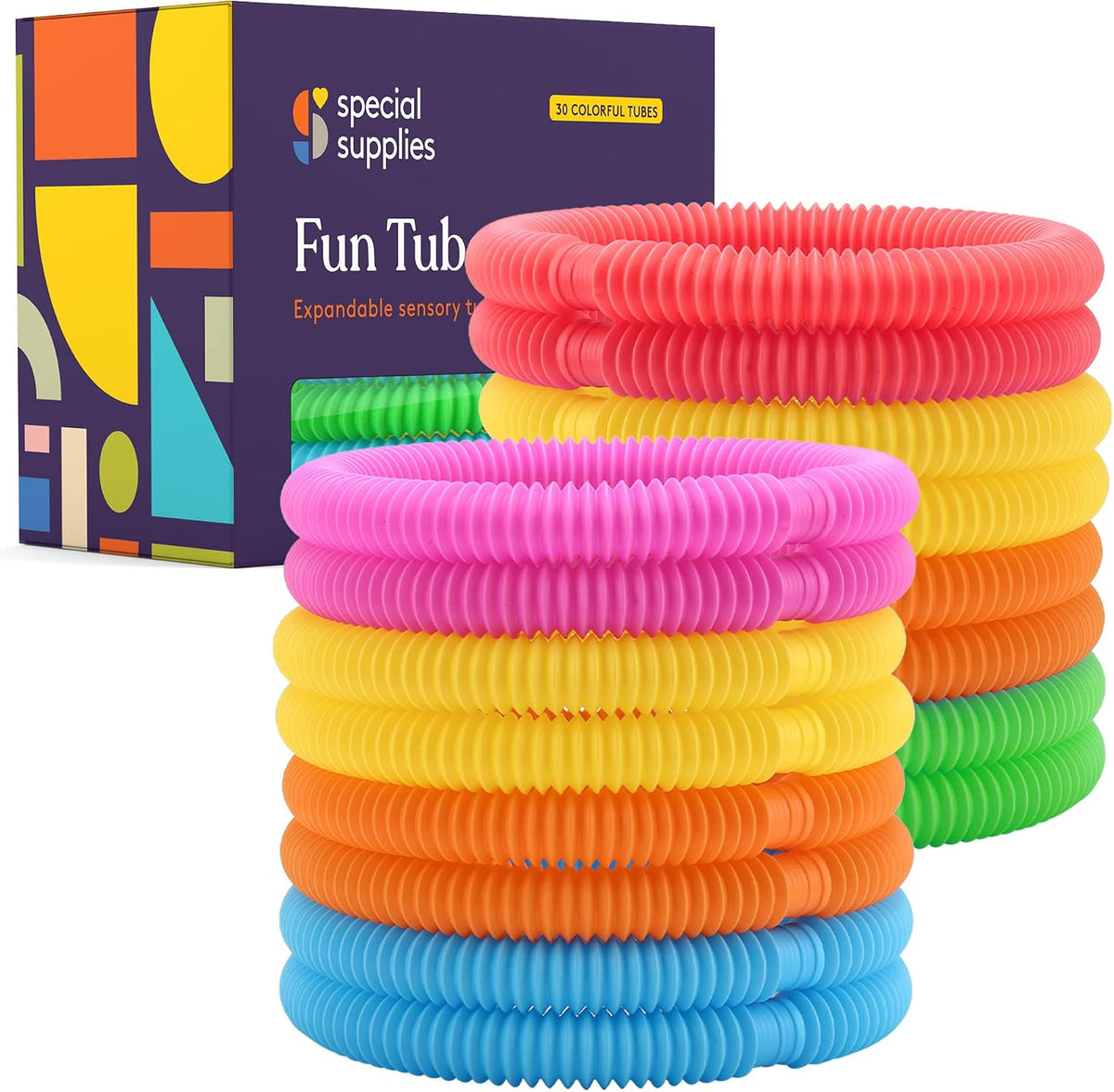 Special Supplies Fun Pull and Stretch Tubes for Kids, Pop, Bend - 30-Pack Primary Colors