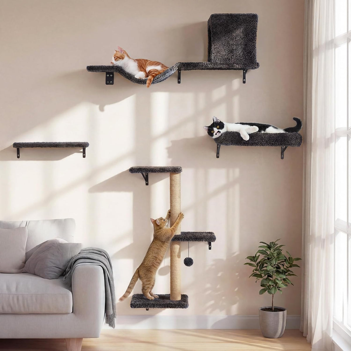 FUKUMARU Cat Wall Shelves - Gray / 4-Piece Set with Hammock