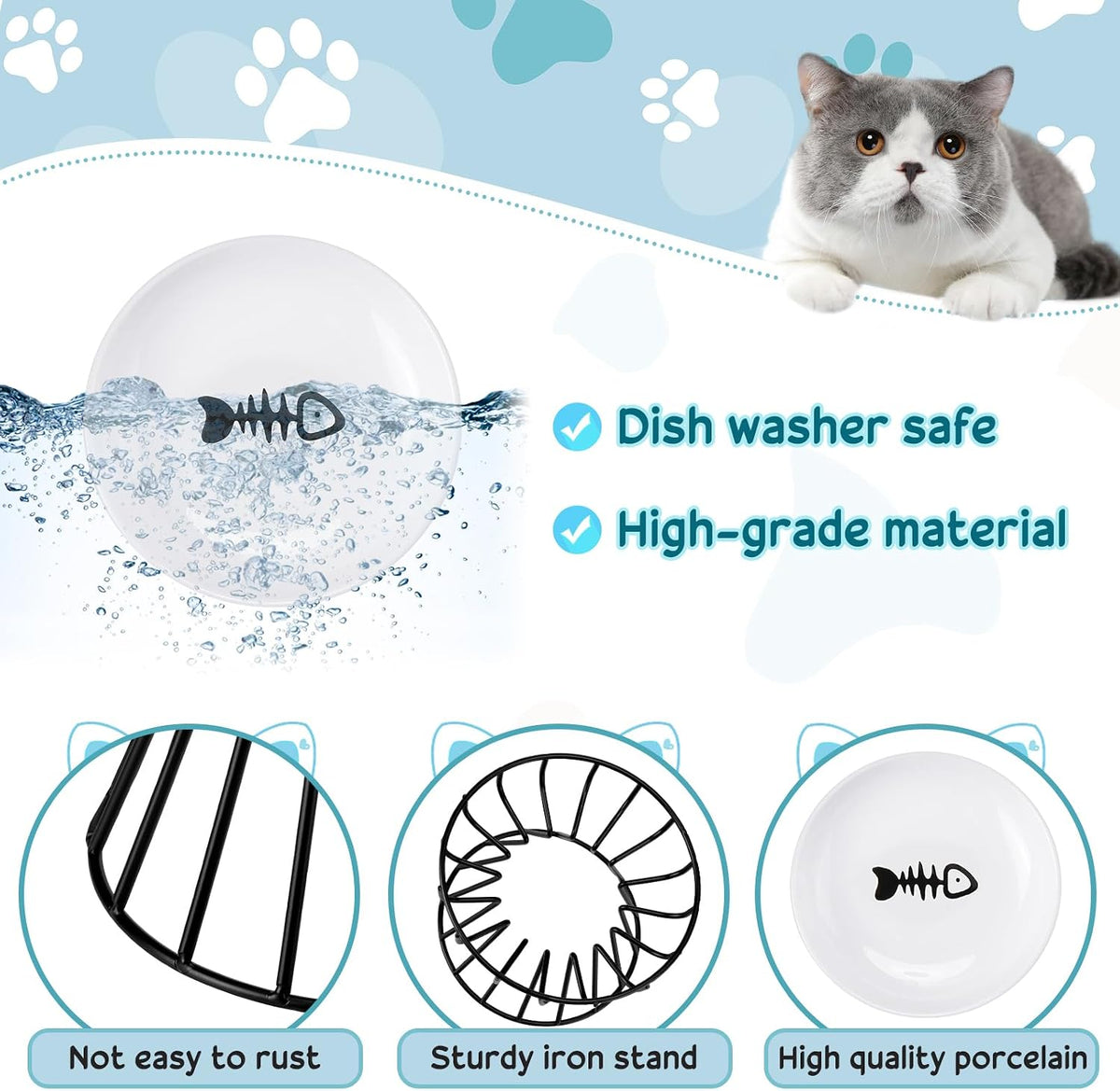 4 Sets Elevated Cat Bowls Ceramic Raised Cat Food Bowls with Metal - Black / Fishbone - image 4