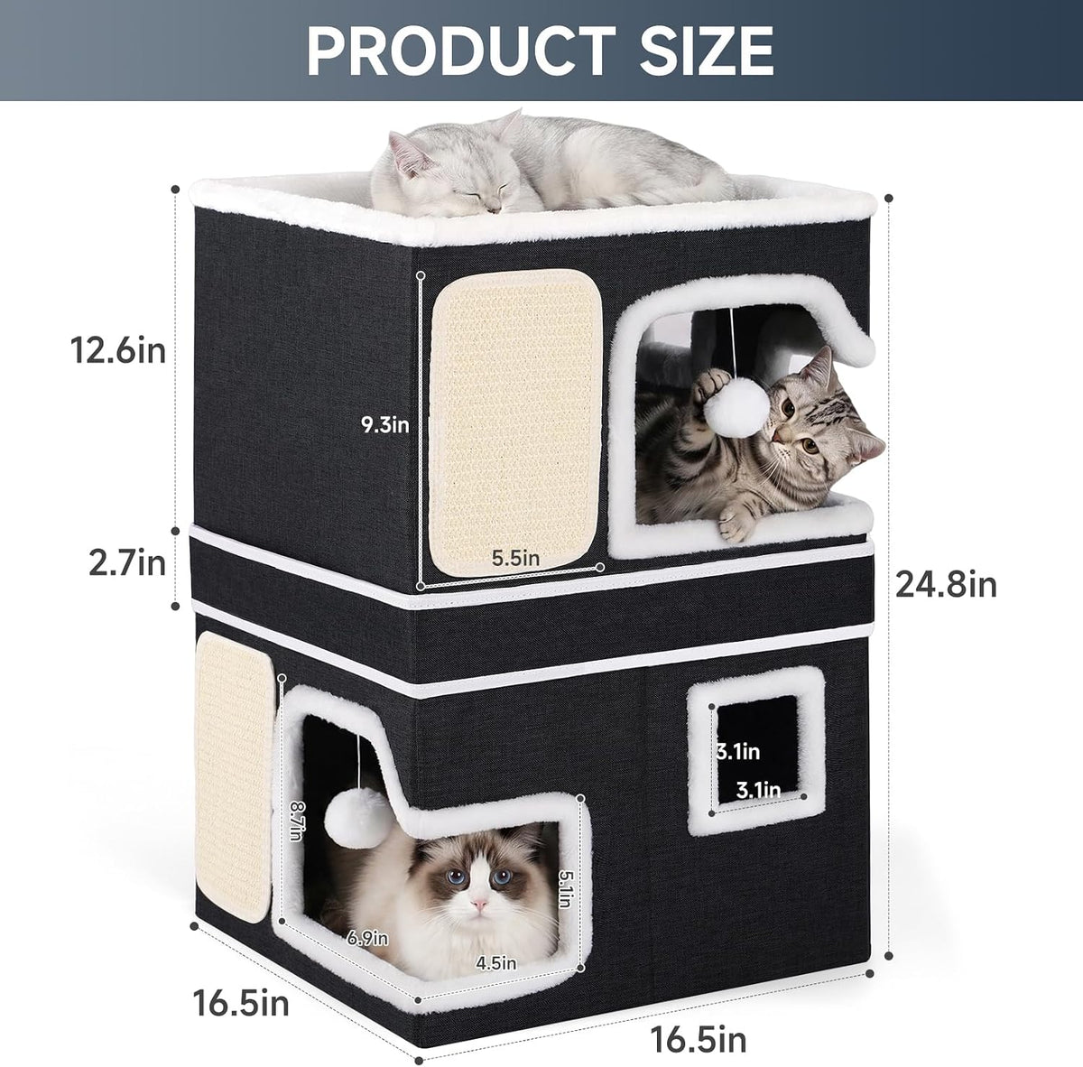 Shikha 2 Story Cat Bed House for Indoor Cats with Scratch Pads Black – Essentials for Cats - Black / Double / Without Heating Pad - image 2