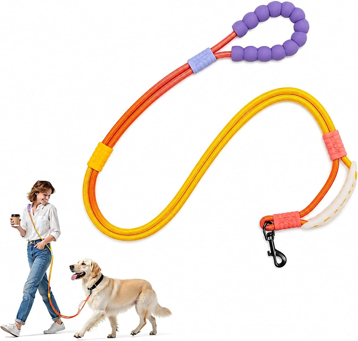 Hands Free Dog Leash, Double Handle Leash 6.5FT Purple-Green – Essentials for Dogs - yellow-orange / 6.5 FT