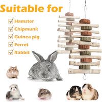 4 PCS Rabbit Chew Toys for Teeth Grinding, Delicious Bunny Cage Hanging Chew Toys, Natural Sweet Bamboo Chew Sticks and Timothy Grass Cake Hay Treats Maintaining Healthy Teeth for Rabbits