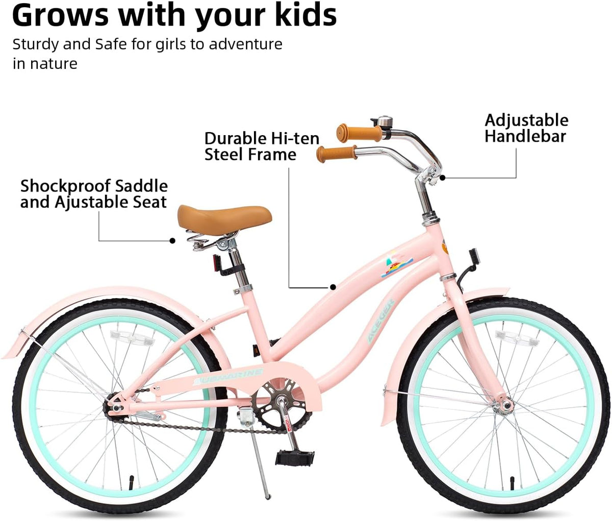 ACEGER girls beach cruiser bike with curved frame, submarine chain guard graphic, 16 to 24 inch size - view 2