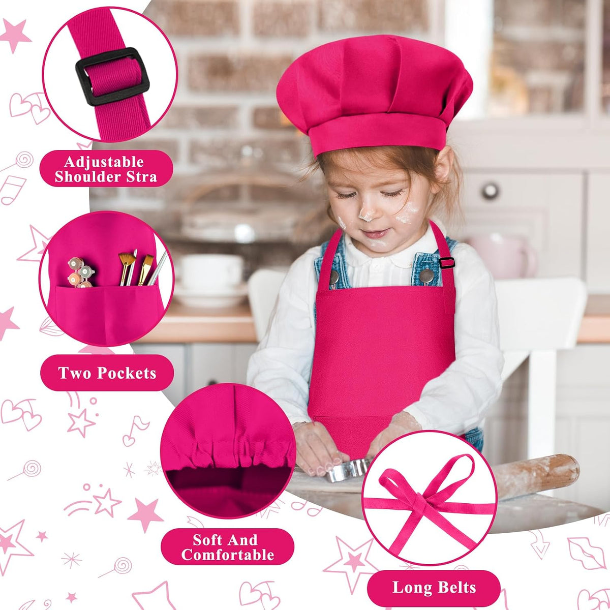 Kids Apron and Chef Hat Set Adjustable Child Art Aprons with 2 - K-rose Red / Small - image 3