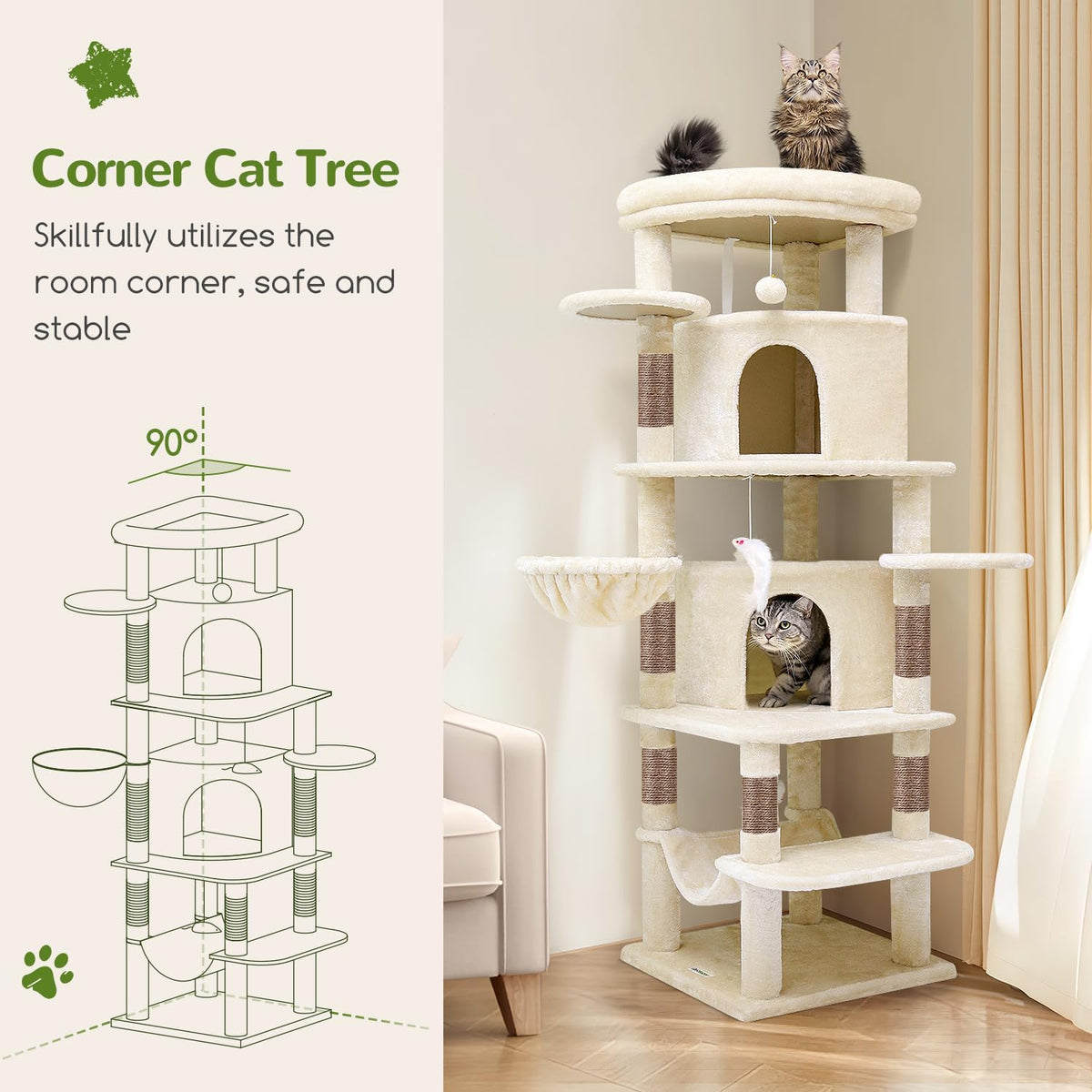 Globlazer Corner Stable Cat Tree Tower with Scratching Post, C51 - 66inch / Beige - image 2
