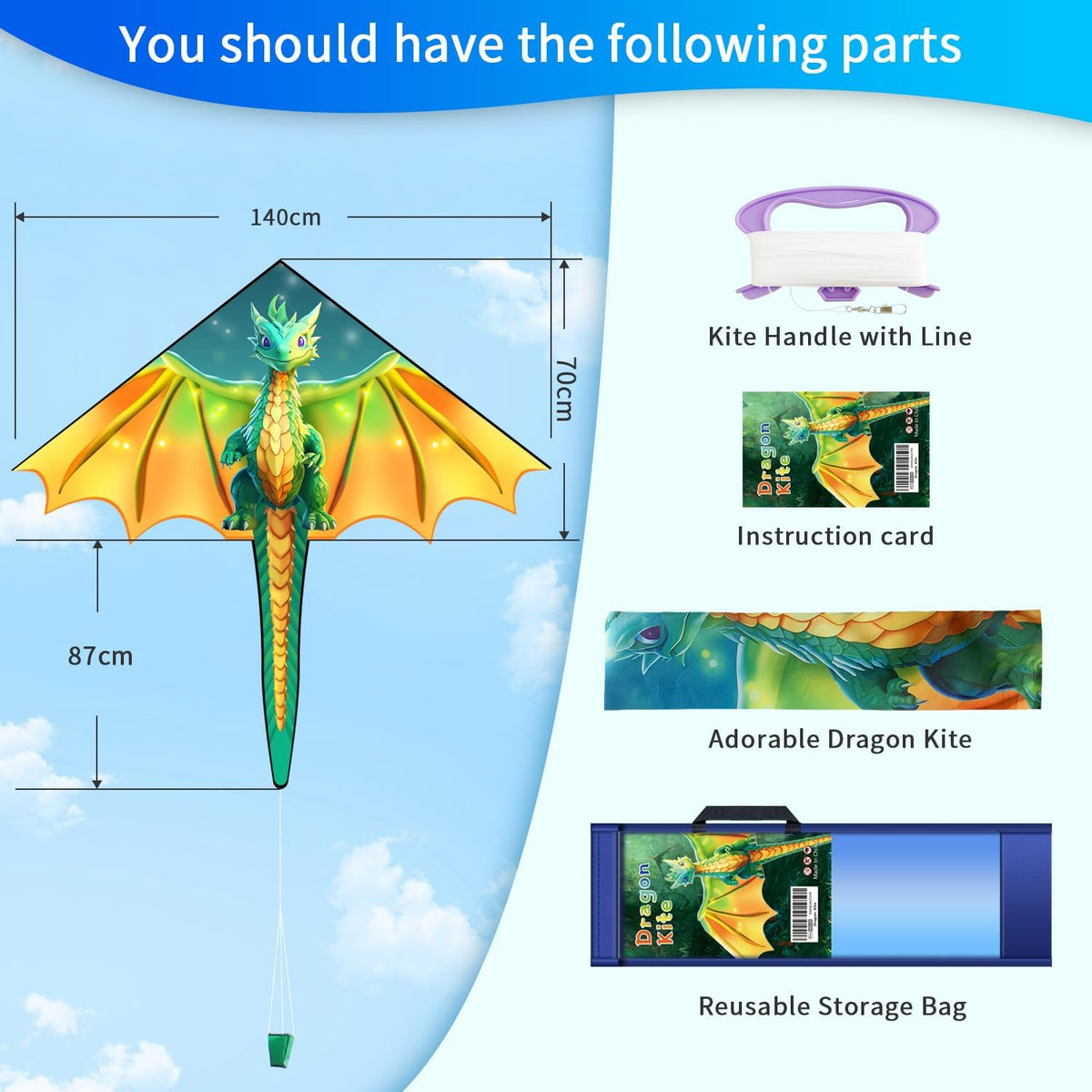 Xida large dragon delta kite for kids, 55 x 61.8 inch ripstop polyester with flying line - view 14