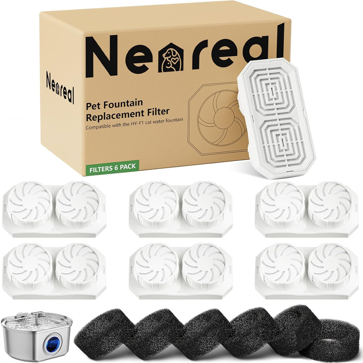 Neareal Official 6-Pack Replacement Filters for 108oz/3.2L Pet - 6 Filters + 6 Sponges Replacement