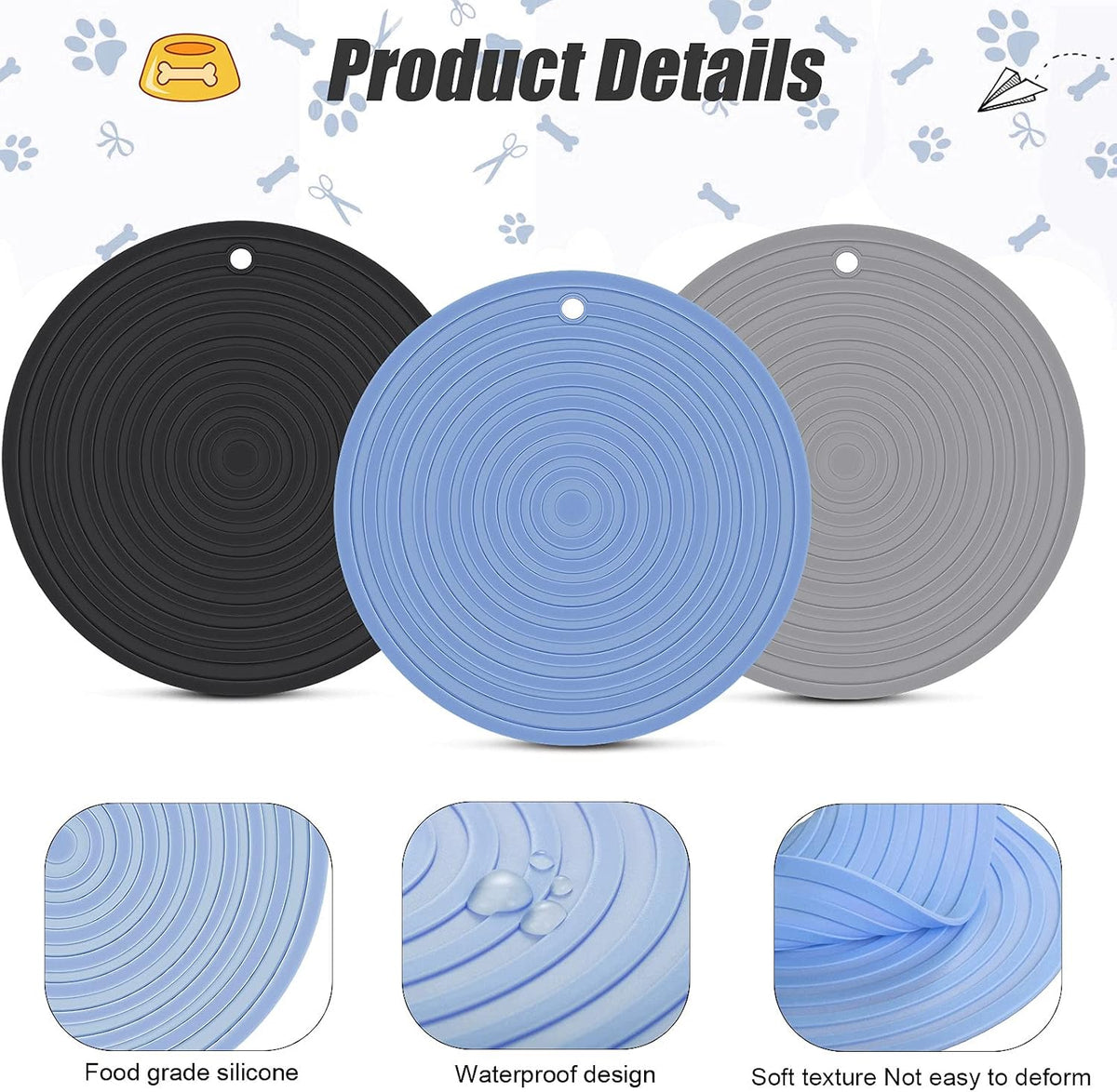 3 Pieces Silicone Pet Food Mat Feeding Mat for Dog and Cat Bowl - Blue, Gray, Black / 9.5 Inch - image 3