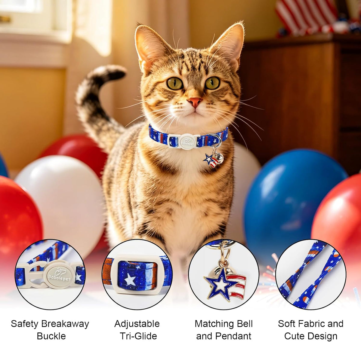 2 Pack Cute Cat Collars - Cartoon Bee Ladybug Breakaway Cat Collar with Bell & Matching Pendant - Blue Patriotic - image 3
