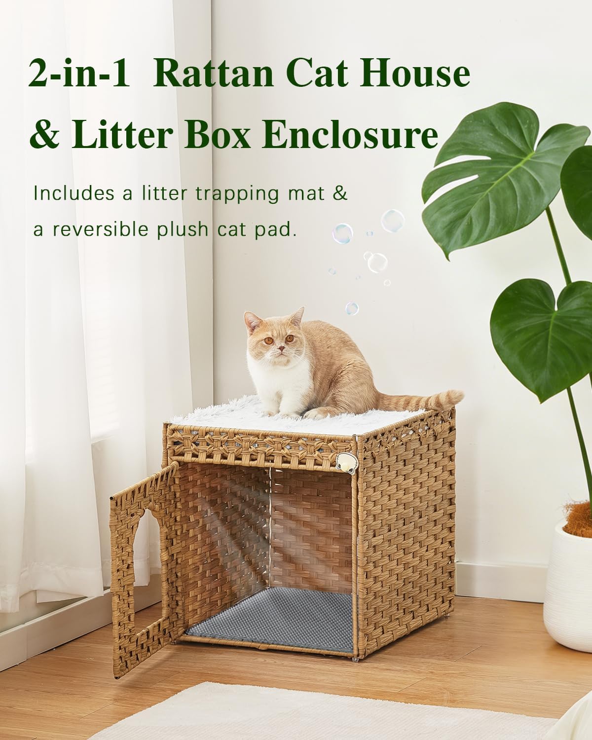 Cat Litter Box Enclosure Furniture, Hidden PE Rattan - Natural / Standard With 1 Cat Bed - image 2