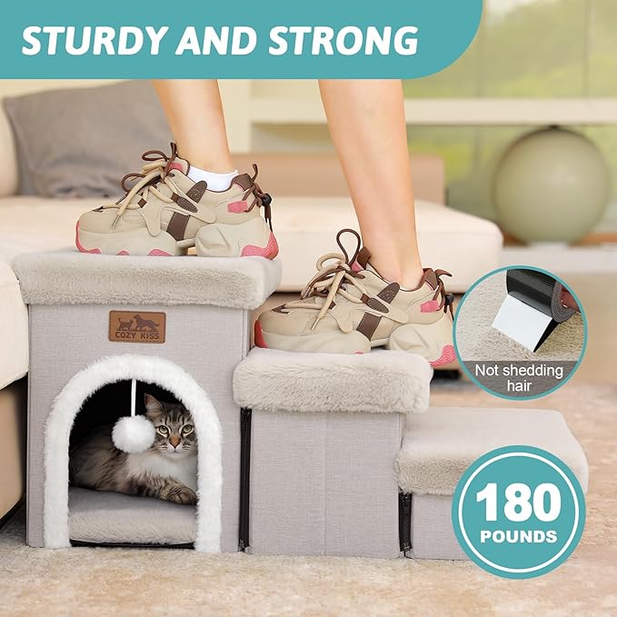 Dog Stairs for Small Dogs with Storage and Condo, 14" H Foldable Pet Stairs for Small Medium or Puppy Dogs and Older Cats, Dog Steps for Bed or Couch, 13x27x14 inch, 3 Tiers, Beige