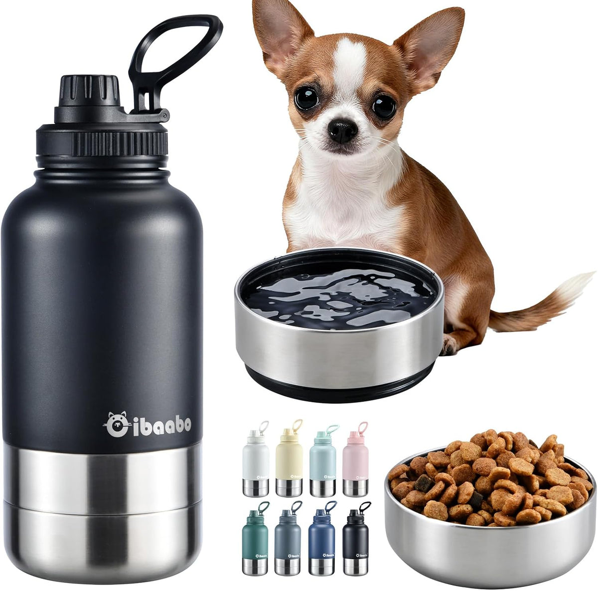 Insulated Dog Water Bottle 32oz Keep Water Cool with 2 Bowls – Essentials for Dogs - Matte Black