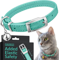 Soft Leather Cat Collar with Safety Elastic Strap - 8-11 Inch / Mint Green
