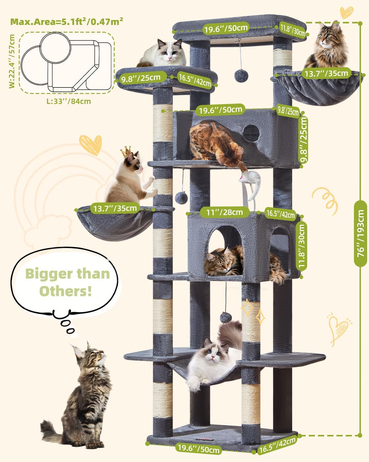 Taoqimiao 32.2in Cat Tree with Toy - Smoky Gray / 76 inch - image 2