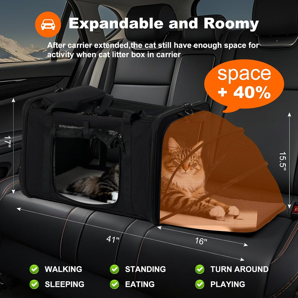 25x17x17 Extra Large Expandable car cat Carrier with a Litter Box – Essentials for Cats - 25.5"L x 17.0"W x 17.0"H / No litter box - image 3